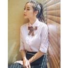 Set: Sequined Bow Long-sleeve Shirt + Pleated Skirt