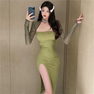 Set: Sleeveless Slit Bodycon Dress + Mesh Shrug