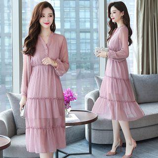 Set: Slipdress + Long-sleeve Tiered Midi Dress
