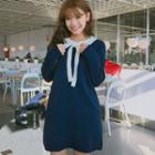 Bow Accent Collared Long Sleeve Knit Dress
