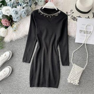 Rhinestone Neck-line Long Sleeve Dress Black - One Size