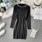Rhinestone Neck-line Long Sleeve Dress Black - One Size
