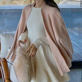 Plain Loose-fit Cardigan / Long-sleeve Slim-fit Knit Dress