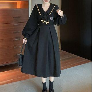 Lantern-sleeve Sailor Collar Midi A-line Dress