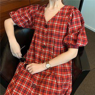 Plaid Puff-sleeve Dress Red - One Size