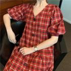 Plaid Puff-sleeve Dress Red - One Size