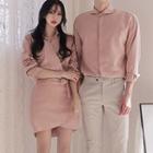 Men Hidden Placket Shirt / Women Long-sleeve Mini Wrap Dress