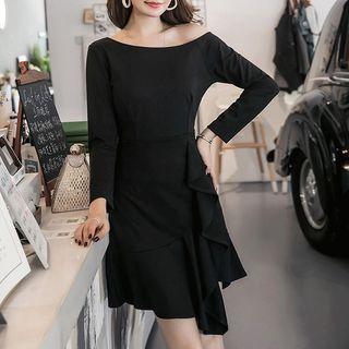 Long-sleeve Cold-shoulder Ruffle-trim Mini A-line Dress