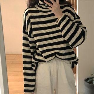 Striped Turtleneck Sweater White & Black - One Size