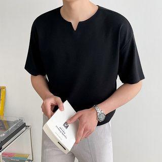 Cutout-neck Plain T-shirt