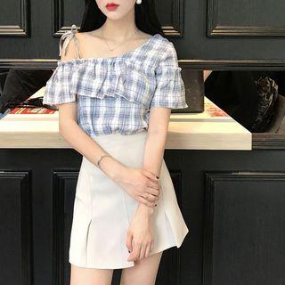Off-shoulder Plaid Short-sleeve Top As Shown In Figure - One Size
