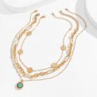 Set Of 3: Turquoise Pendant Alloy Necklace + Alloy Necklace (various Designs) 3085 - Gold - One Size