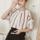 Cold Shoulder Striped Short-sleeve Chiffon Blouse