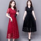 Short-sleeve Striped Mesh A-line Midi Dress