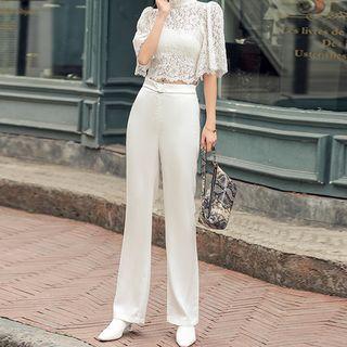Lace Mock-neck Elbow-sleeve Top / High-waist Straight-fit Pants
