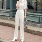 Lace Mock-neck Elbow-sleeve Top / High-waist Straight-fit Pants