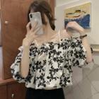 Puff-sleeve Cold-shoulder Print Blouse