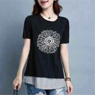 Mock Two-piece Short-sleeve Flower Print T-shirt