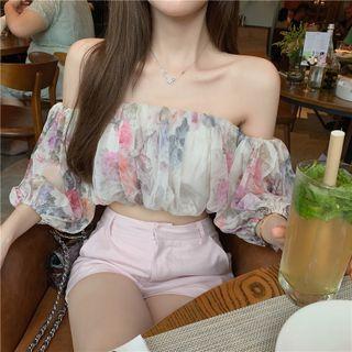 Off-shoulder Floral Chiffon Crop Top / High-waist Dress Shorts