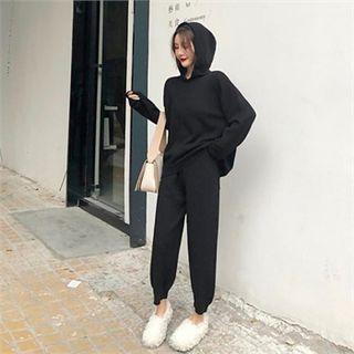 Set: Hooded Knit Top + Knit Sweatpants Black - One Size