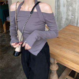 Cold-shoulder Irregular Cropped T-shirt Gray - One Size