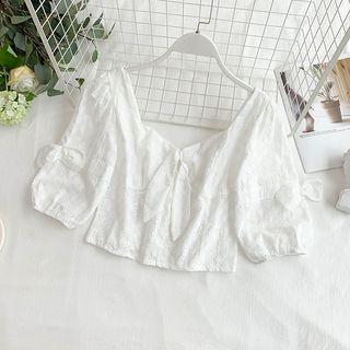 Elbow-sleeve Eyelet Lace Crop Top White - One Size