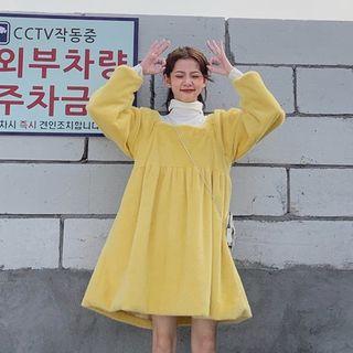 Square-neck Balloon-sleeve Furry A-line Dress Yellow - One Size