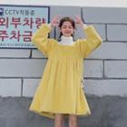 Square-neck Balloon-sleeve Furry A-line Dress Yellow - One Size