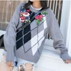 Floral Accent Diamond Patterned Sweater Light Gray - One Size