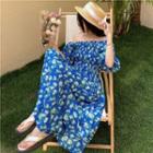 Off-shoulder Floral Print Smocked Maxi A-line Dress As Shown In Figure - One Size
