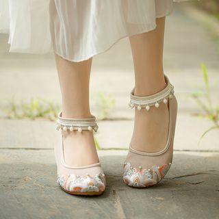 Embroidered Mesh Beaded Mary Jane Shoes