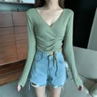 Long-sleeve Crisscross Drawstring Plain Top