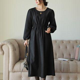 Balloon-sleeve Band-waist Long Dress