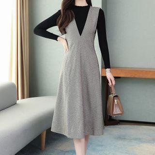 Set: Plain Long-sleeve Knit Top + Midi A-line Pinafore Dress