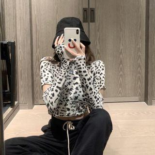 Long-sleeve Leopard Print Cutout T-shirt White - One Size