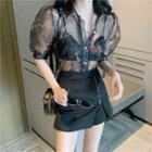 Set: Puff-sleeve Sheer Blouse + Zip-front Skort