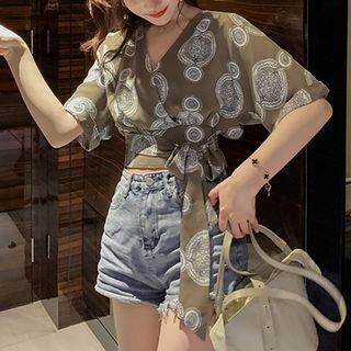 Elbow-sleeve Printed Top As Shown In Figure - One Size