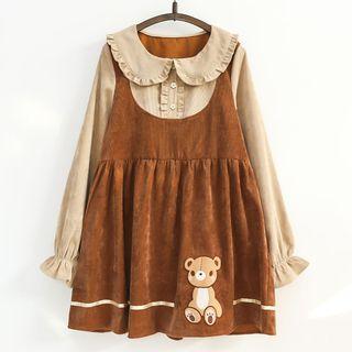 Mock Two Piece Long Sleeve Collared Corduroy Dress
