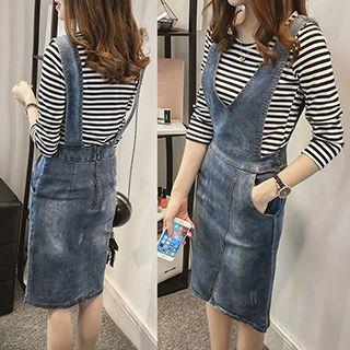 Set: Long-sleeve Striped T-shirt + Denim Jumper Dress