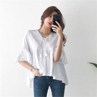 Tasseled V-neck Ruffled Blouse