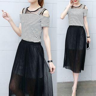 Set: Striped Cold Shoulder Short-sleeve T-shirt Dress + Mesh Midi Skirt