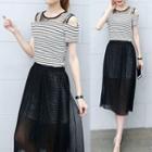 Set: Striped Cold Shoulder Short-sleeve T-shirt Dress + Mesh Midi Skirt