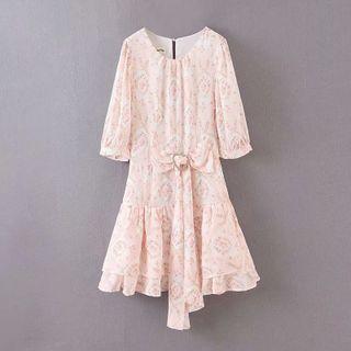 3/4-sleeve Print Ribbon Mini A-line Dress