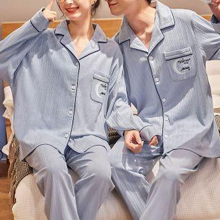 Couple Matching Loungewear Set : Long-sleeve Moon Embroidered Shirt + Pants