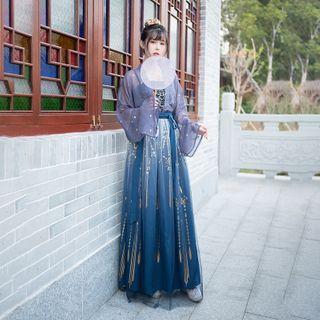 Hanfu Set: Camisole Top + Long-sleeve Top + Maxi Skirt