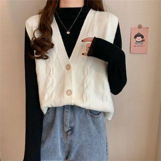 Mock-neck Knit Top + V-neck Cable-knit Vest