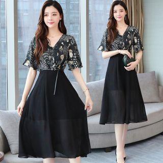 V-neck Print Panel Midi A-line Dress