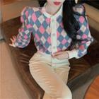 Crewneck Color-block Long-sleeve Cardigan As Shown In Figure - One Size