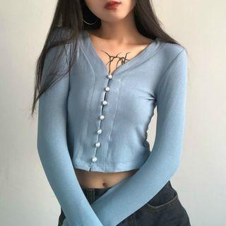Faux Pearl Button Long-sleeve Cropped Top