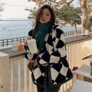 Argyle Fluffy Jacket Black & White - One Size